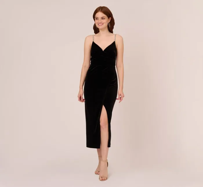 Long Dresses Womens Adrianna Papell Velvet AnkleLength Wrap Gown With Stone Straps In Black Long Dresses Womens Adrianna Papell Velvet AnkleLength Wrap Gown With Stone Straps In Black