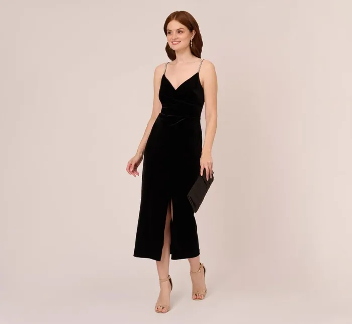 Long Dresses Womens Adrianna Papell Velvet AnkleLength Wrap Gown With Stone Straps In Black