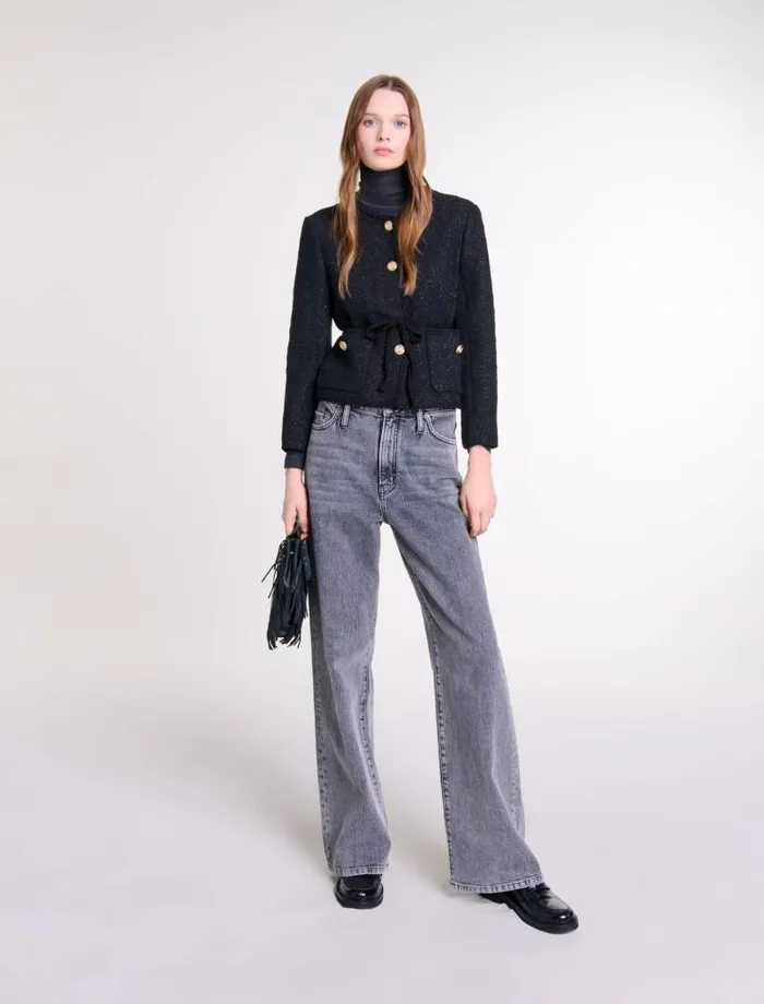 Maje Blazers and Jackets Womens Belted Shiny Tweed Jacket Black