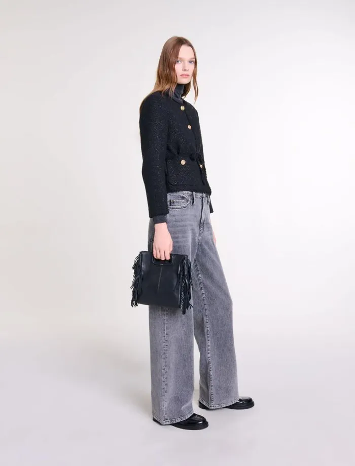 Maje Blazers and Jackets Womens Belted Shiny Tweed Jacket Black