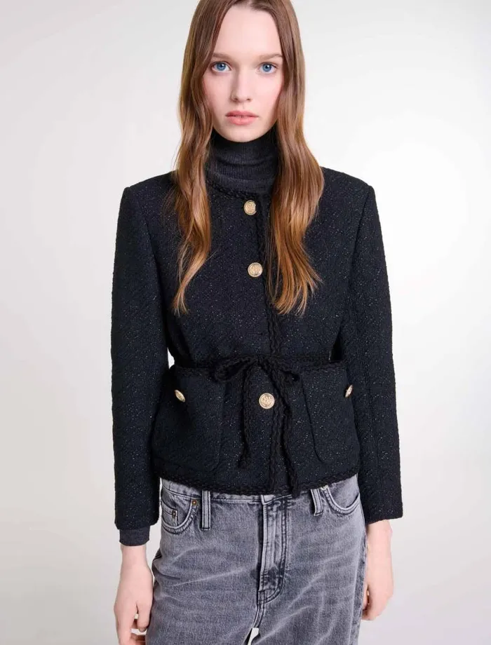 Maje Blazers and Jackets Womens Belted Shiny Tweed Jacket Black