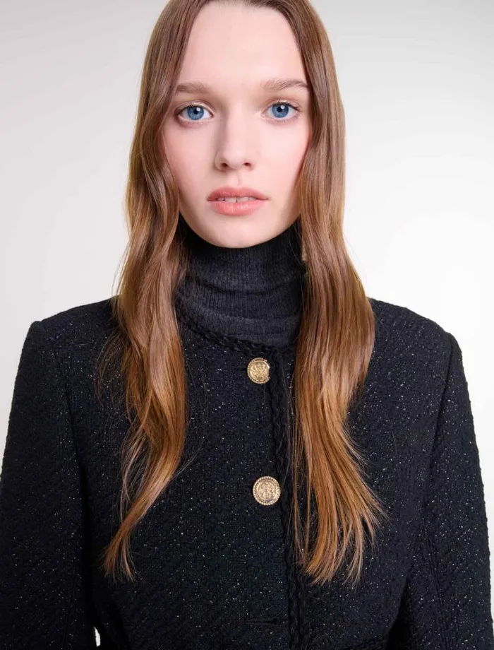 Maje Blazers and Jackets Womens Belted Shiny Tweed Jacket Black