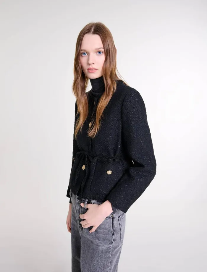 Maje Blazers and Jackets Womens Belted Shiny Tweed Jacket Black