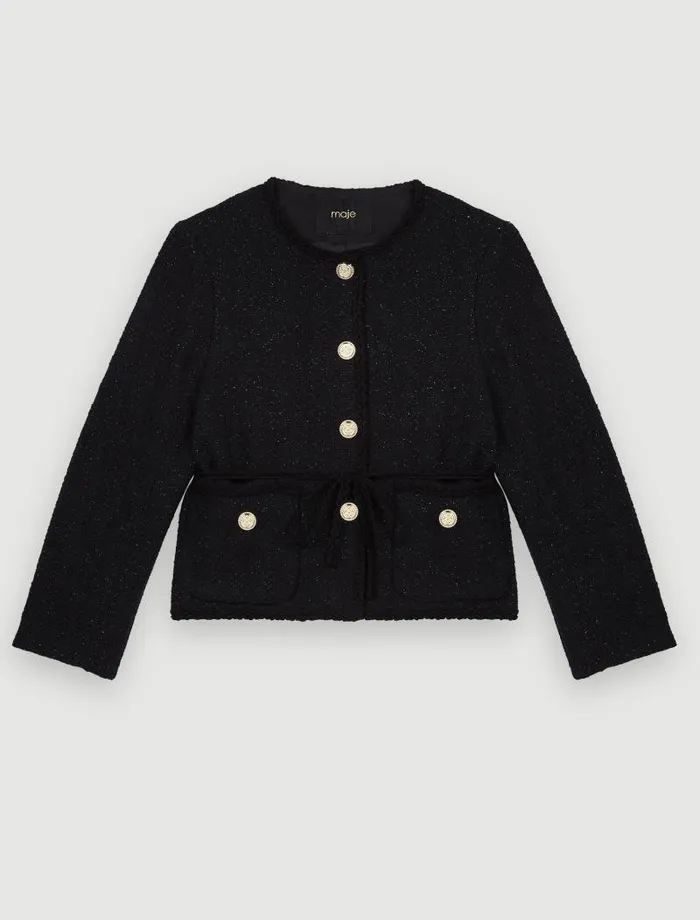 Maje Blazers and Jackets Womens Belted Shiny Tweed Jacket Black