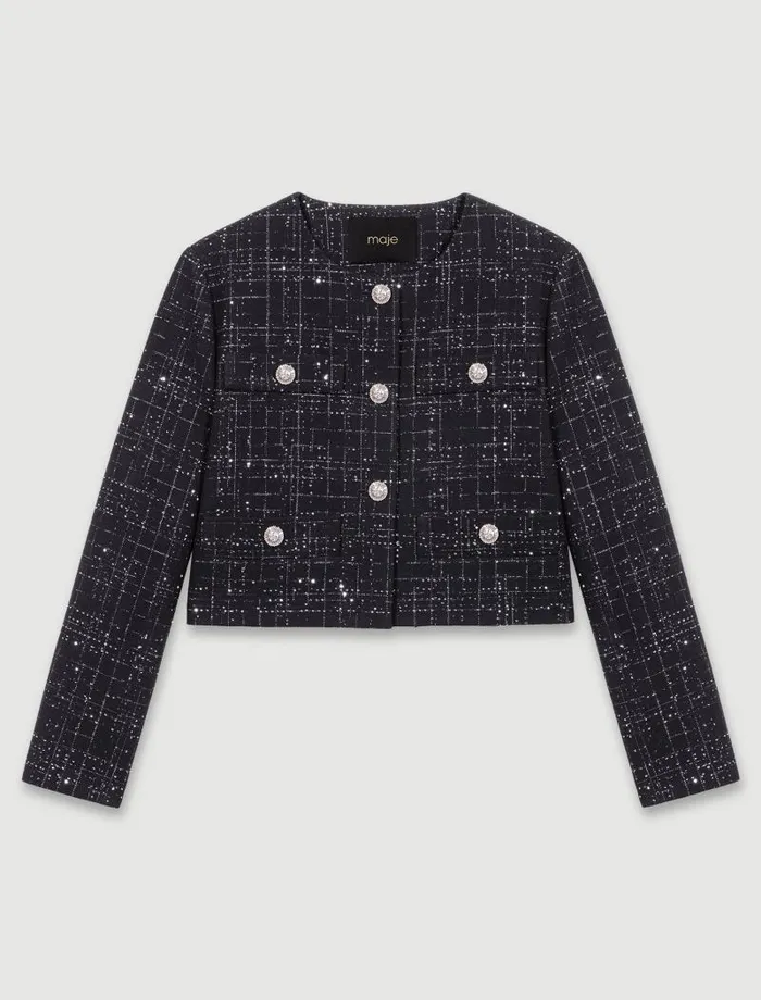 Maje Blazers and Jackets Womens Short Tweed Jacket Black