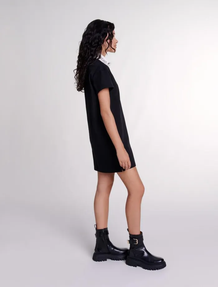 Maje Dresses Womens Embroidered Rhinestone Polo Dress Black