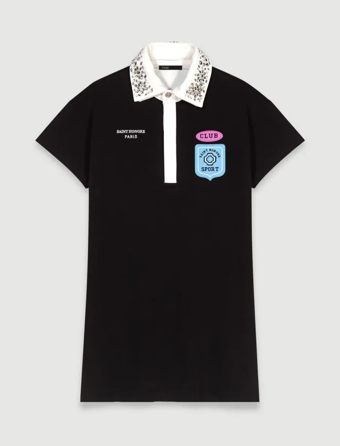 Maje Dresses Womens Embroidered Rhinestone Polo Dress Black