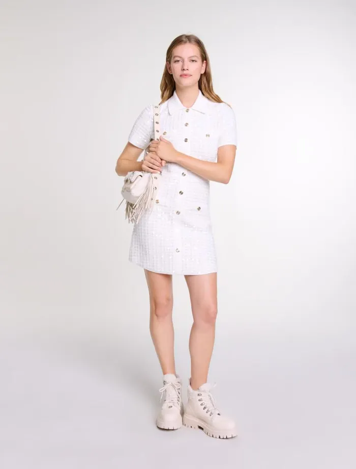 Maje Dresses Womens Sequin Knit Short Dress Off White