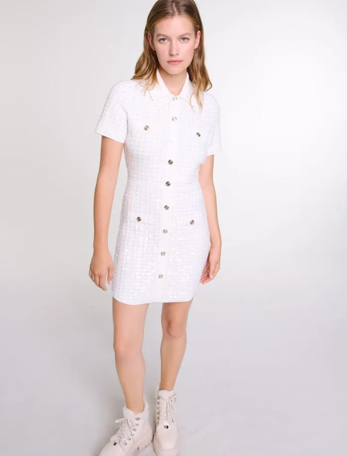 Maje Dresses Womens Sequin Knit Short Dress Off White