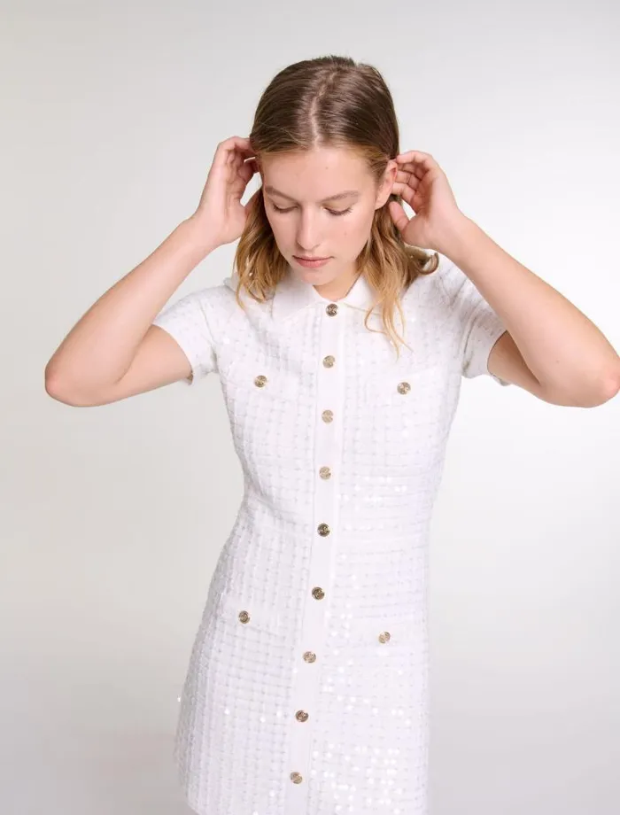 Maje Dresses Womens Sequin Knit Short Dress Off White