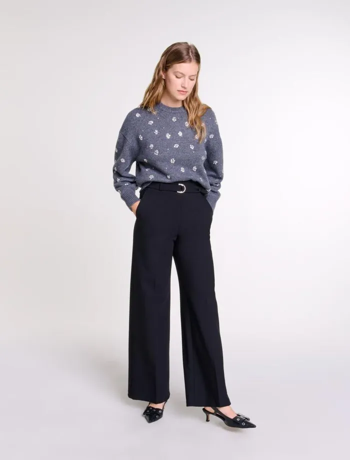 Maje Pants and Jeans Womens Wide Belted Trousers Black