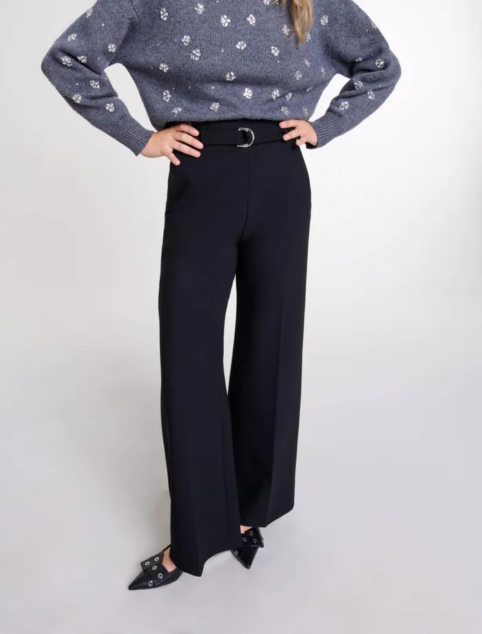 Maje Pants and Jeans Womens Wide Belted Trousers Black Maje Pants and Jeans Womens Wide Belted Trousers Black