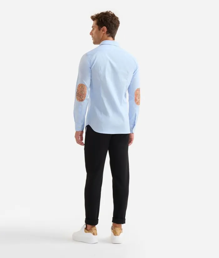 Man Knitwears Shirts and TShirts Alviero Martini Slim Fit Stretch Cotton Shirt With Geo Classic Elbow Patches Light Blue