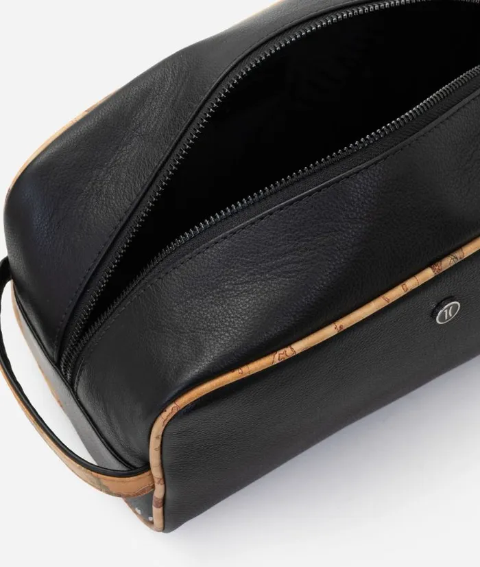 Man Pouches and Toiletry Bags Alviero Martini Leather Pouche With Geo Classic Print Details Black