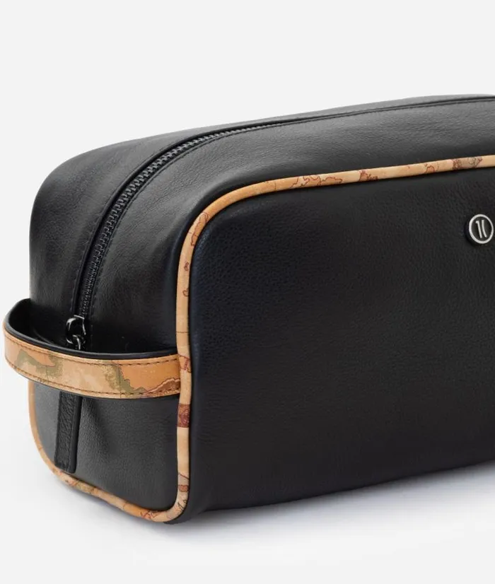 Man Pouches and Toiletry Bags Alviero Martini Leather Pouche With Geo Classic Print Details Black