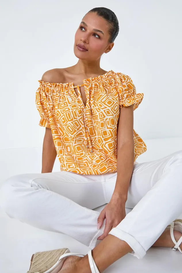 Mango Geometric Print Shirred Bardot Top Women Roman Tops