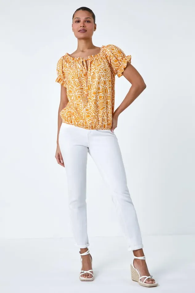 Mango Geometric Print Shirred Bardot Top Women Roman Tops