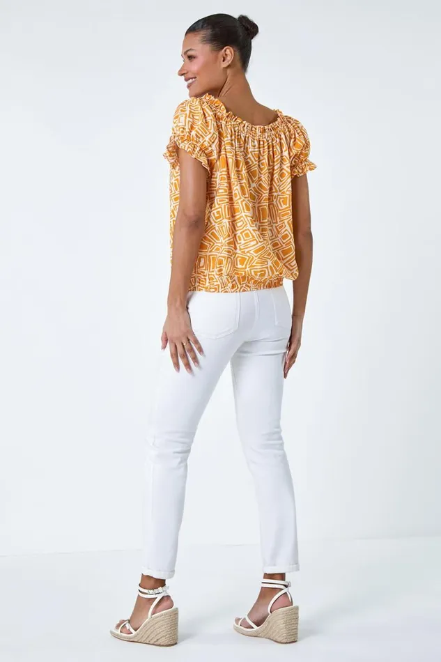 Mango Geometric Print Shirred Bardot Top Women Roman Tops