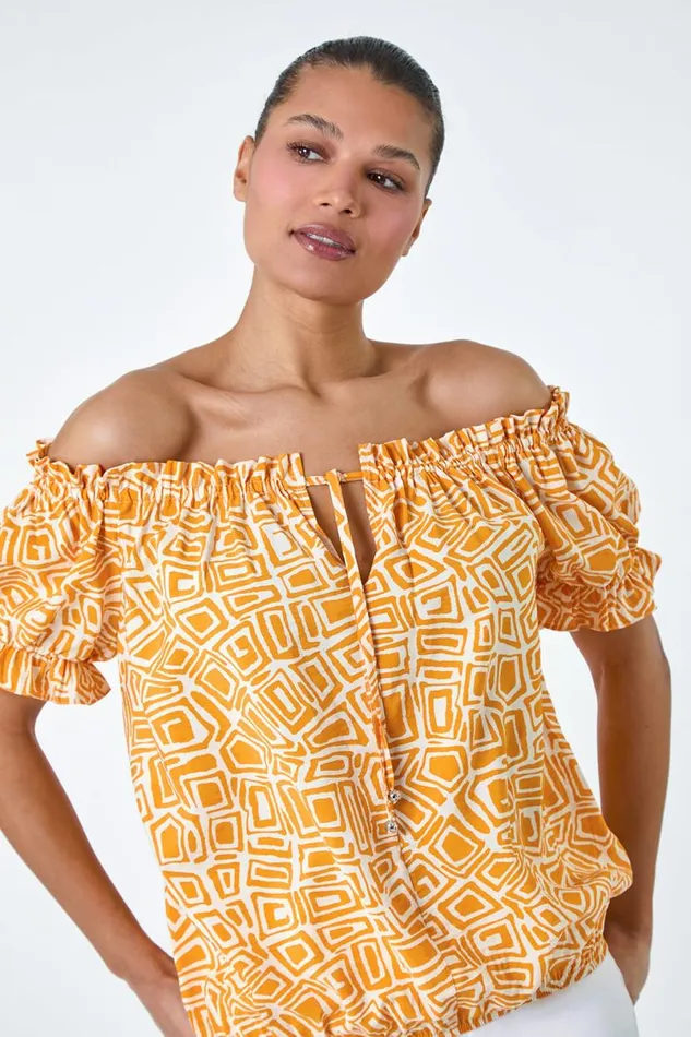 Mango Geometric Print Shirred Bardot Top Women Roman Tops