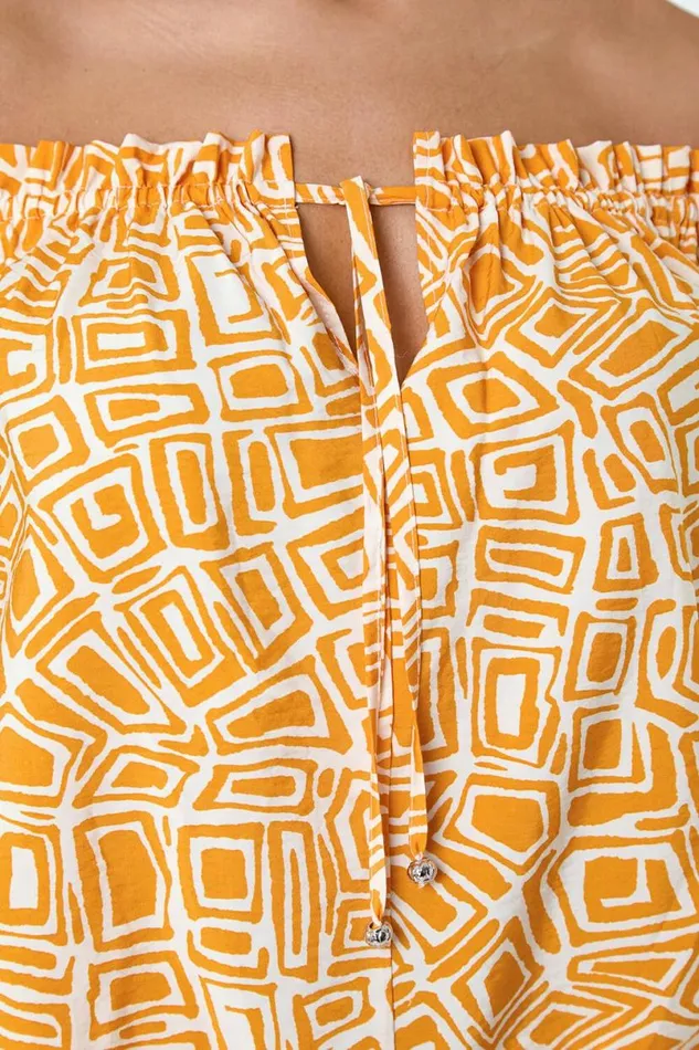 Mango Geometric Print Shirred Bardot Top Women Roman Tops