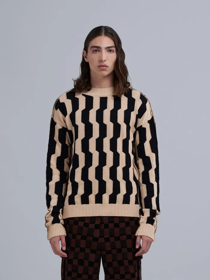 Marni Beige And Black Crepe And Shetland Wool Sweater Pale Mens Knitwear Marni Beige And Black Crepe And Shetland Wool Sweater Pale Mens Knitwear