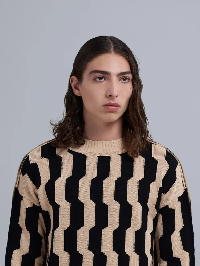 Marni Beige And Black Crepe And Shetland Wool Sweater Pale Mens Knitwear Marni Beige And Black Crepe And Shetland Wool Sweater Pale Mens Knitwear