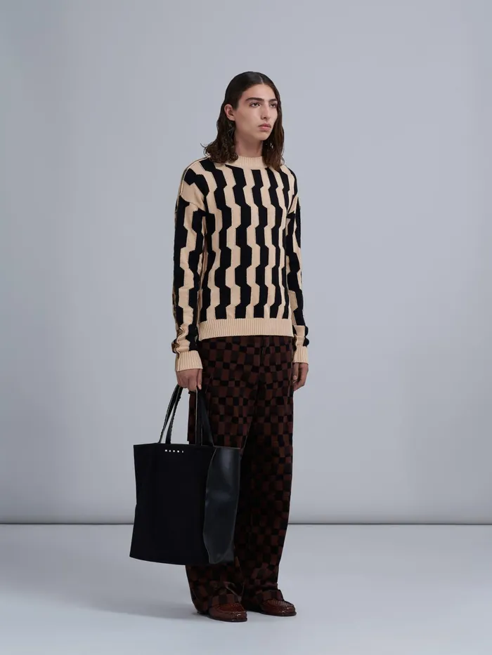 Marni Beige And Black Crepe And Shetland Wool Sweater Pale Mens Knitwear Marni Beige And Black Crepe And Shetland Wool Sweater Pale Mens Knitwear