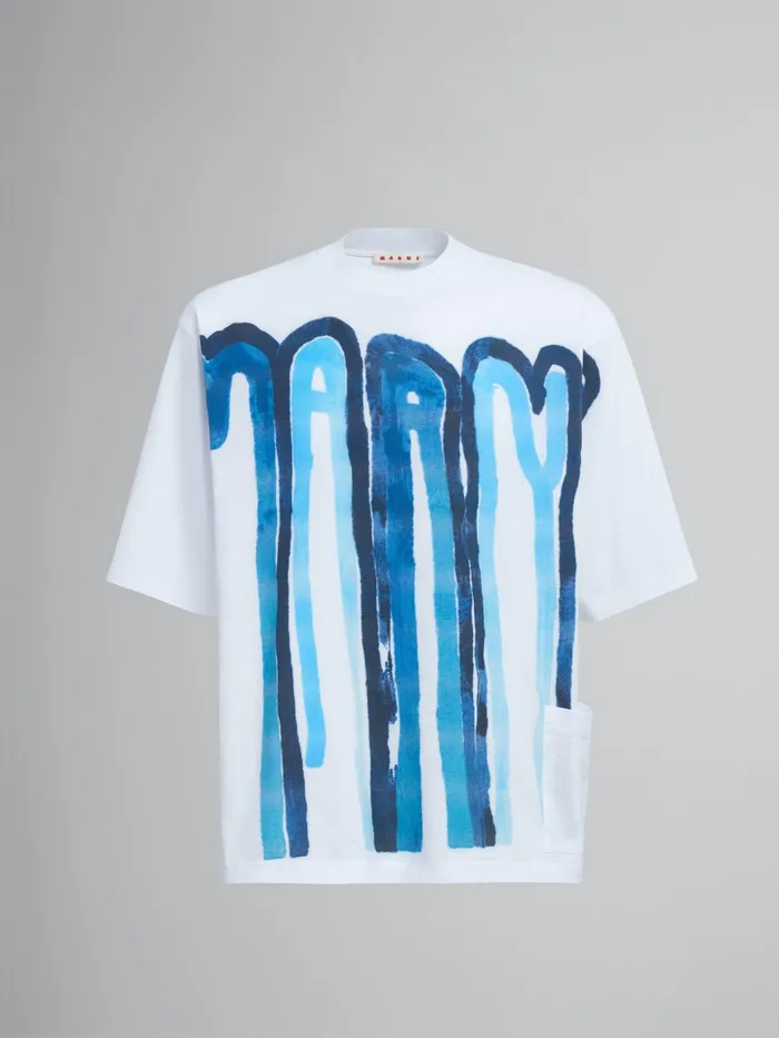 Marni Dripping Logo Bio Jersey Tshirt Bluette Mens Sweatshirts and Tshirts