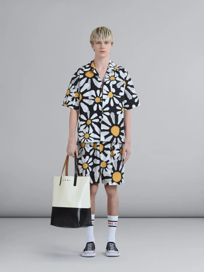 Marni White And Black Tribeca Shopping Bag Silk White Mens Shoulder Bags Marni White And Black Tribeca Shopping Bag Silk White Mens Shoulder Bags