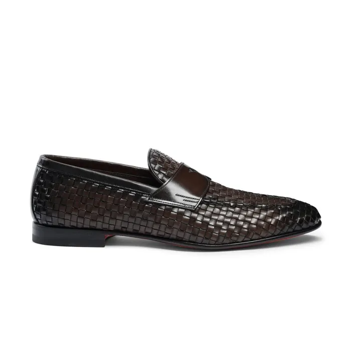 Men Brown Woven Leather Loafer Santoni Loafers