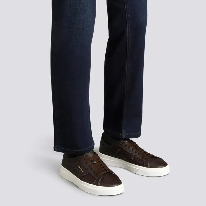 Men Dark Brown Tumbled Leather Double Buckle Sneaker Santoni Sneakers