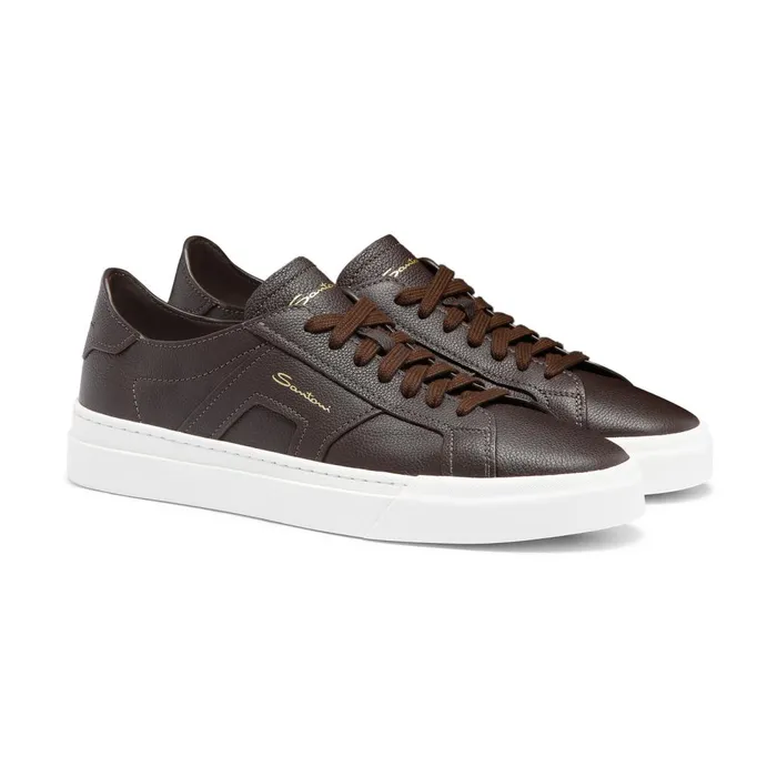 Men Dark Brown Tumbled Leather Double Buckle Sneaker Santoni Sneakers