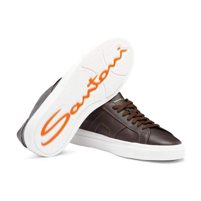 Men Dark Brown Tumbled Leather Double Buckle Sneaker Santoni Sneakers