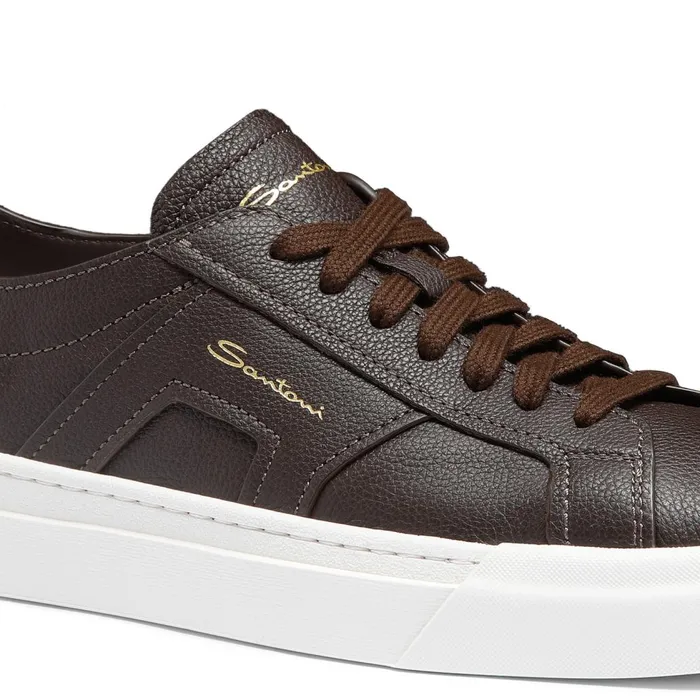 Men Dark Brown Tumbled Leather Double Buckle Sneaker Santoni Sneakers