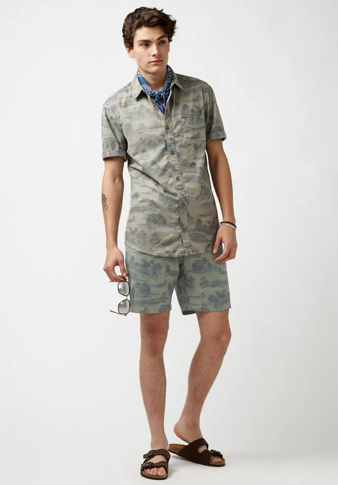 Men Hanuz Grey Scale Printed Shorts Army Green Buffalo David Bitton Shorts