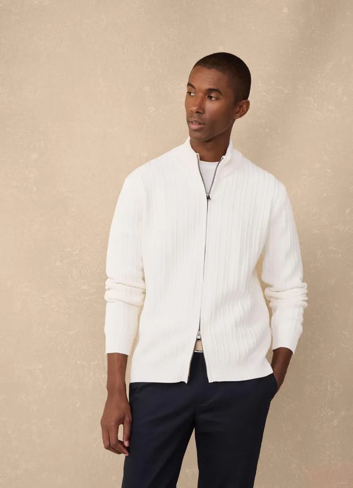 Men Knitwear Faonnable Full Zip Pointelle Cardigan Off White