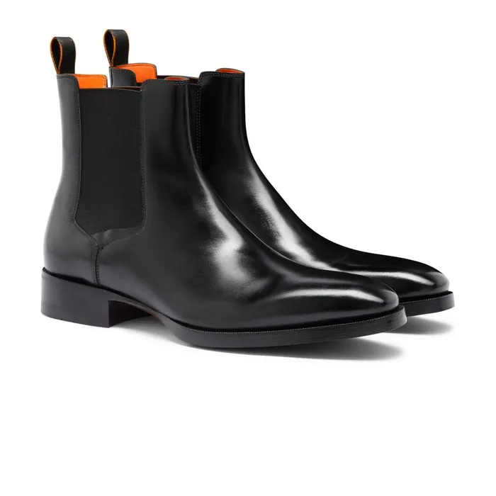 Men Polished Black Leather Chelsea Boot Santoni Boots
