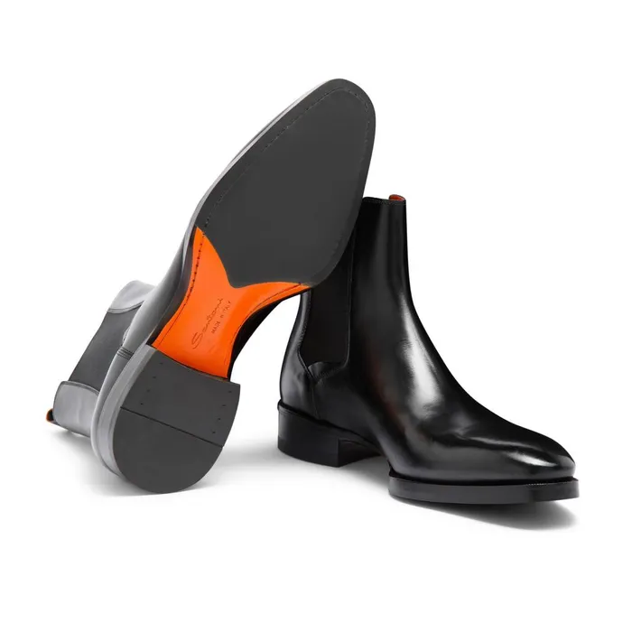 Men Polished Black Leather Chelsea Boot Santoni Boots