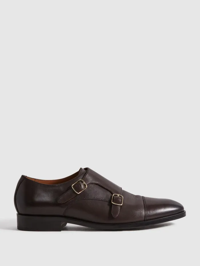 Men Reiss Formal Shoes Amalfi Leather Double Monk Strap Shoes Dark Brown