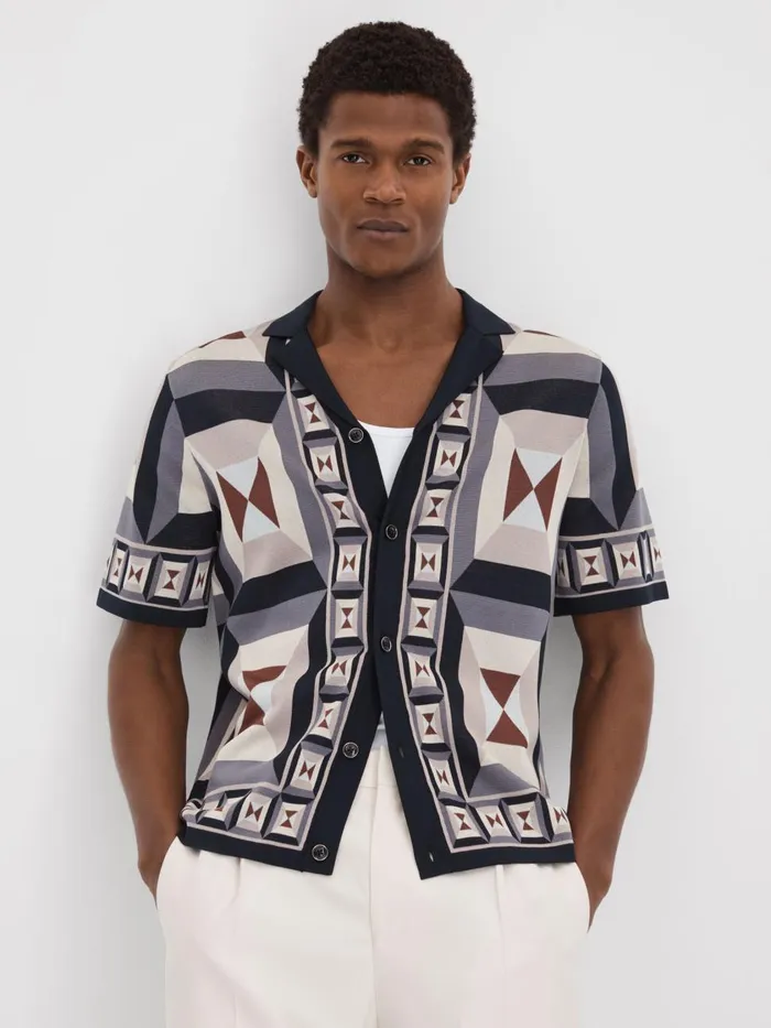 Men Reiss Knitwear Beresford Knitted Cuban Collar Shirt Blue Multi