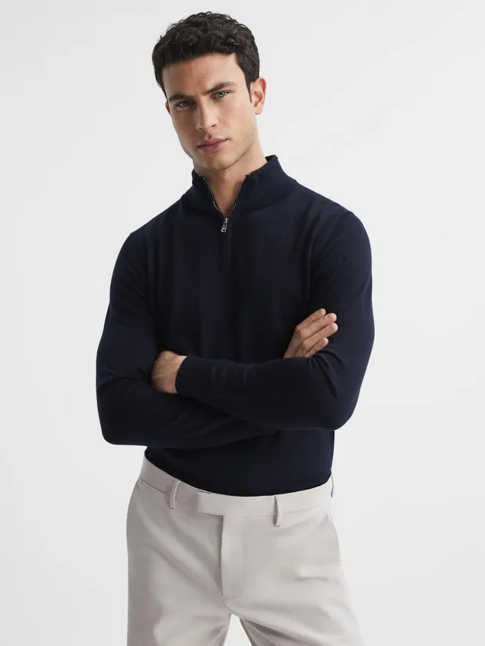 Men Reiss Knitwear Blackhall Merino Wool Half Zip Funnel Neck Jumper Navy