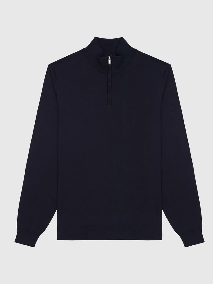 Men Reiss Knitwear Blackhall Merino Wool Half Zip Funnel Neck Jumper Navy