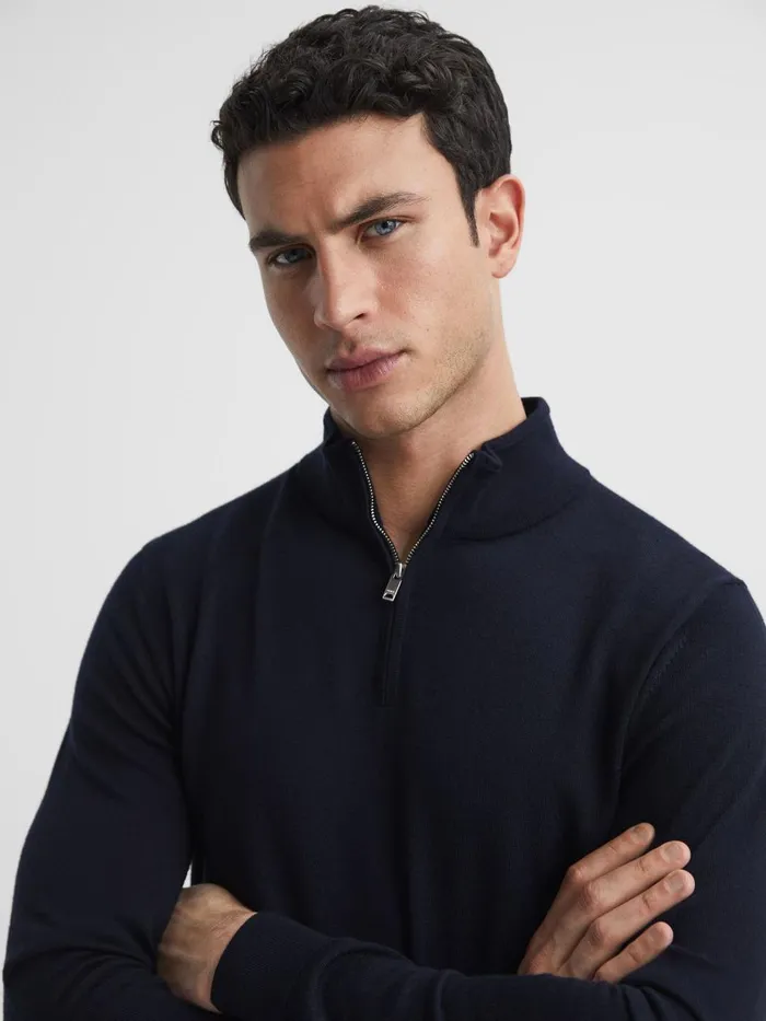 Men Reiss Knitwear Blackhall Merino Wool Half Zip Funnel Neck Jumper Navy