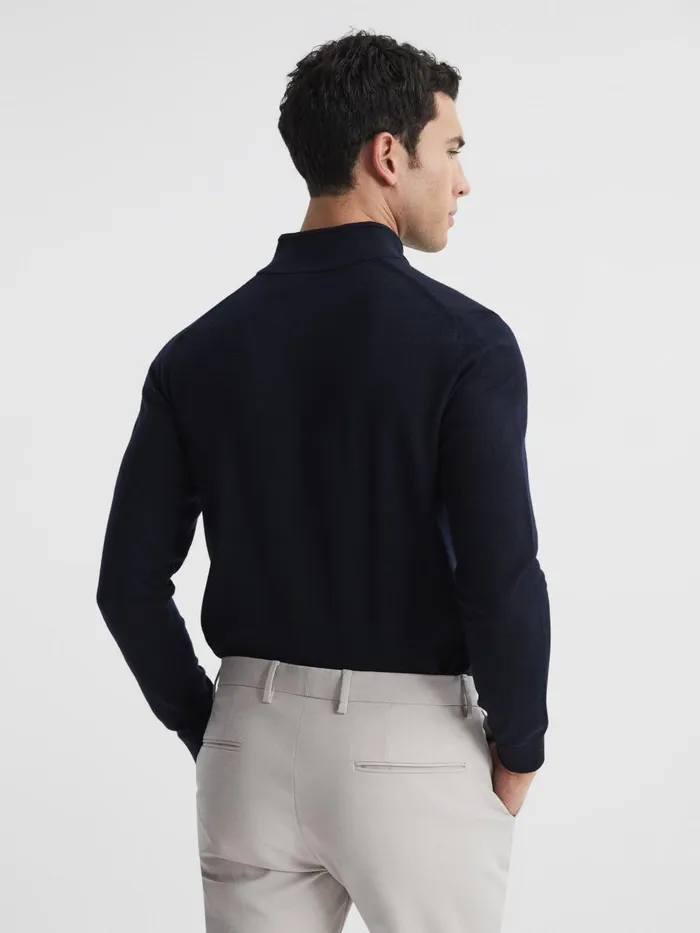 Men Reiss Knitwear Blackhall Merino Wool Half Zip Funnel Neck Jumper Navy