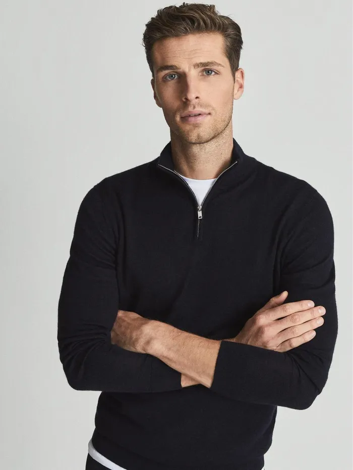 Men Reiss Knitwear Blackhall Merino Wool Half Zip Funnel Neck Jumper Navy