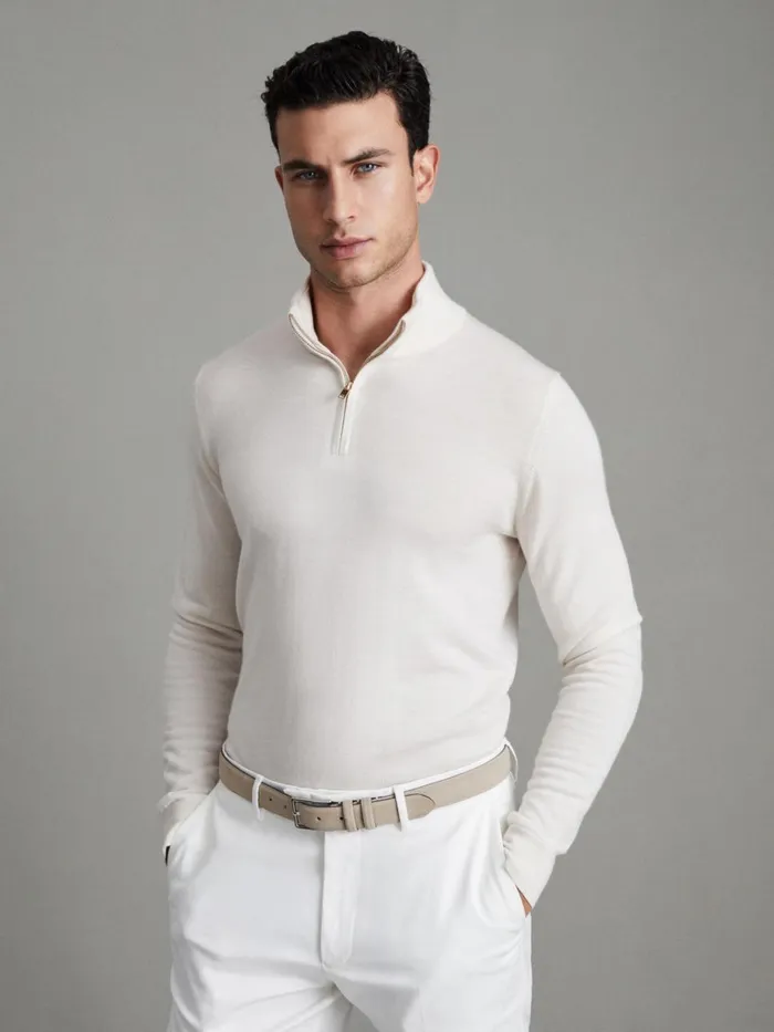 Men Reiss Knitwear Blackhall Merino Wool Half Zip Funnel Neck Jumper Snow