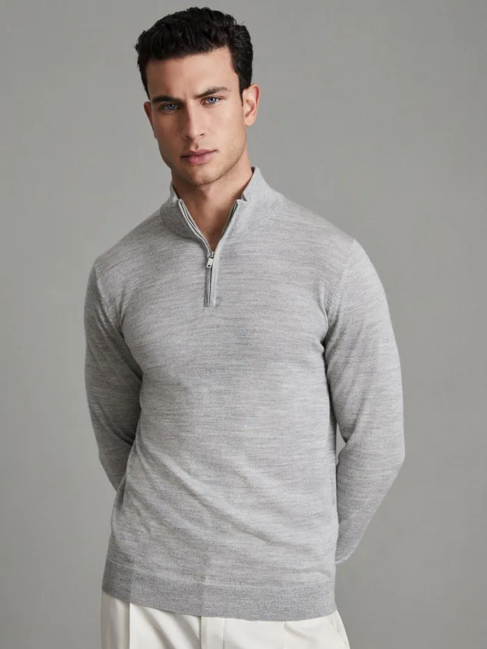 Men Reiss Knitwear Blackhall Merino Wool Half Zip Funnel Neck Jumper Soft Grey Mouline Men Reiss Knitwear Blackhall Merino Wool Half Zip Funnel Neck Jumper Soft Grey Mouline