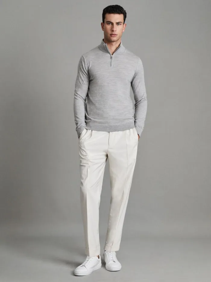 Men Reiss Knitwear Blackhall Merino Wool Half Zip Funnel Neck Jumper Soft Grey Mouline