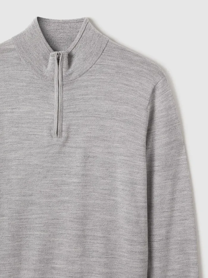 Men Reiss Knitwear Blackhall Merino Wool Half Zip Funnel Neck Jumper Soft Grey Mouline