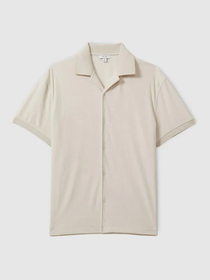 Men Reiss Knitwear Eden Towelling Cuban Collar Shirt Off White